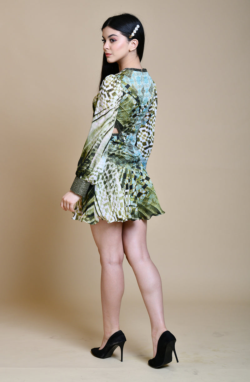 Green Abstract Print Cut Out Dress ...